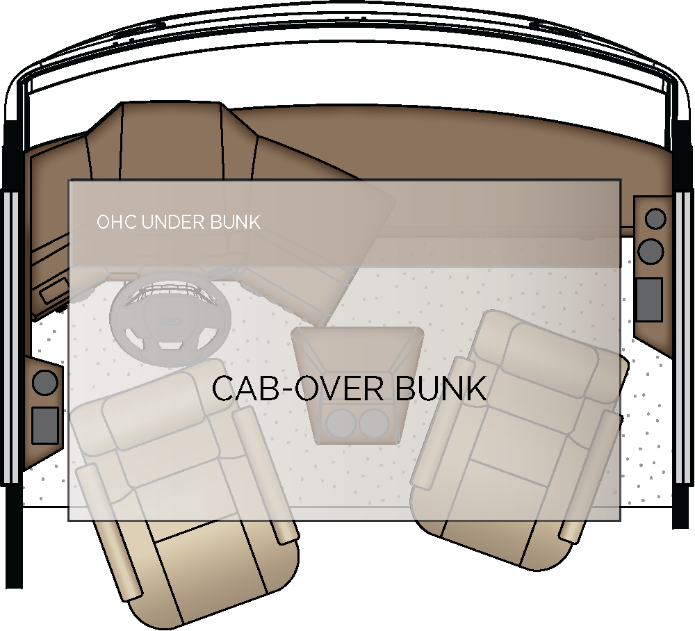 Drop-Down Bunk Bed Over Driver and Passenger Seats Extends to Windshield with Bunk Ladder