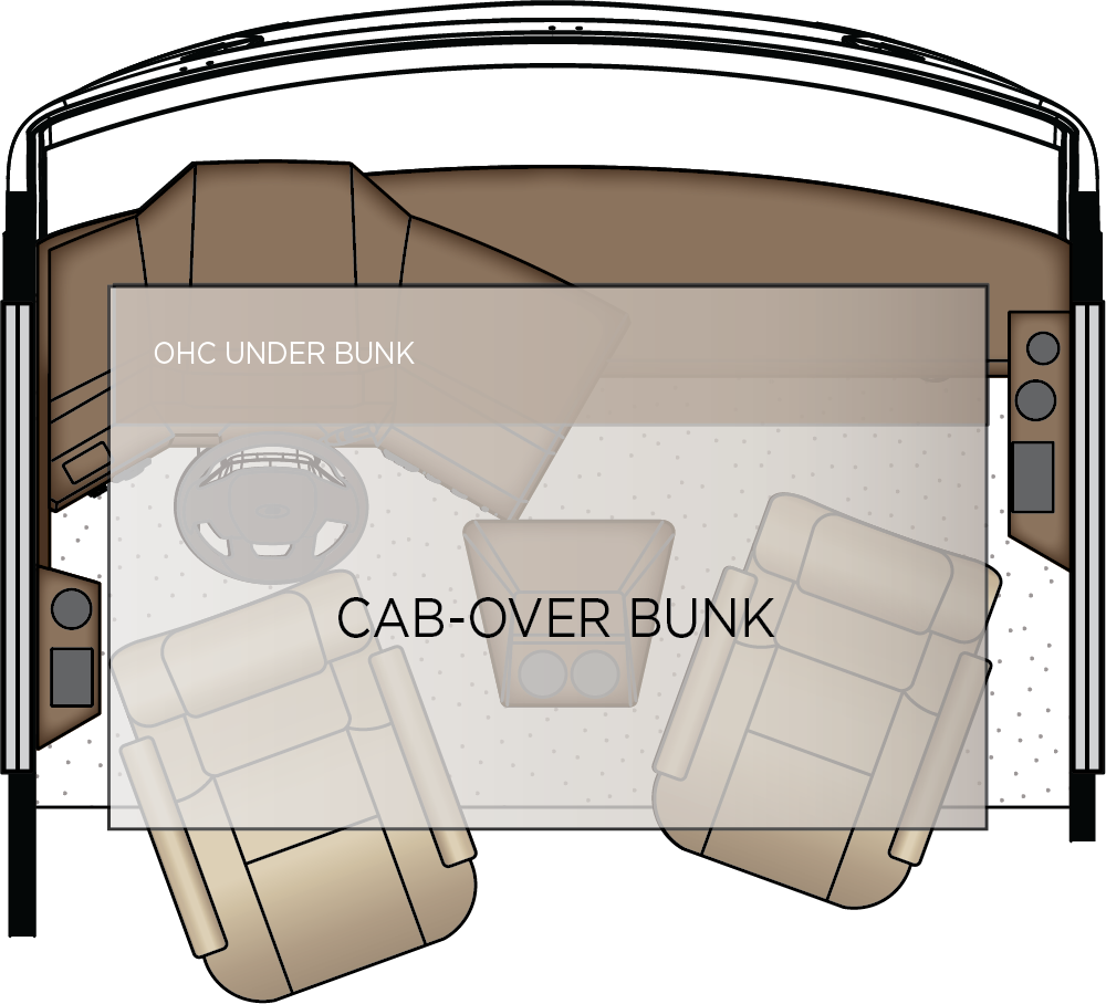 Drop-Down Bunk Bed Over Driver and Passenger Seats Extends to Windshield with Bunk Ladder and Overhead Cabinet