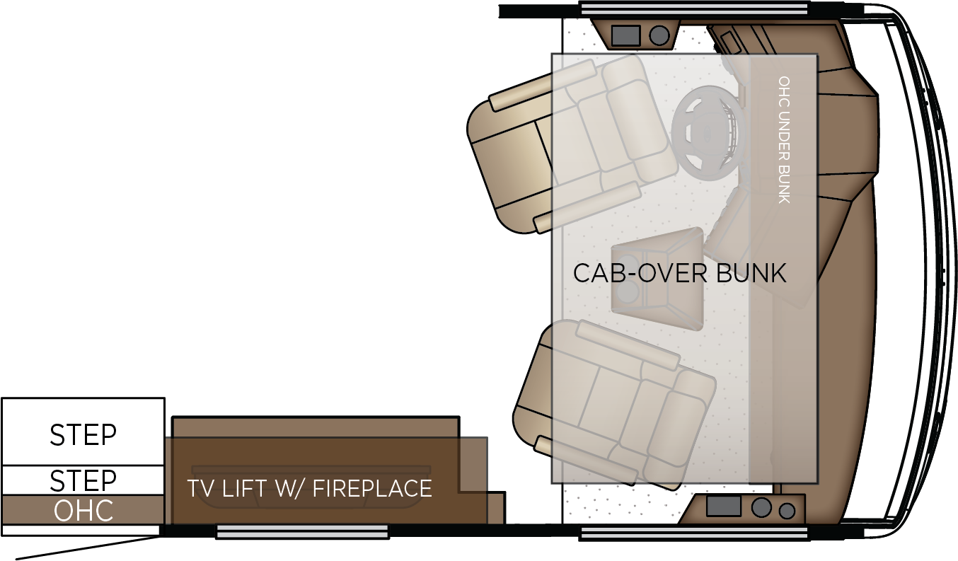 Drop-Down Bunk Bed Over Driver and Passenger Extends to Windshield with Bunk Ladder, Fireplace with TV and Soundbar