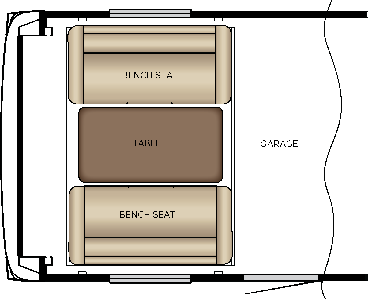 Electric Lift Bunk Beds with Seating, Pedestal Table and Removable Floor Rug In 10' Garage