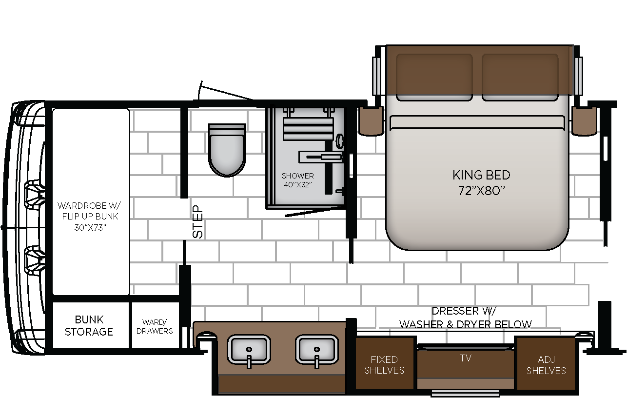 Bunk Beds in Rear, Splendide<sup>®</sup> Washer & Dryer in Dresser Base, Retractable Bed Base (This Option Replaces Wardrobe)