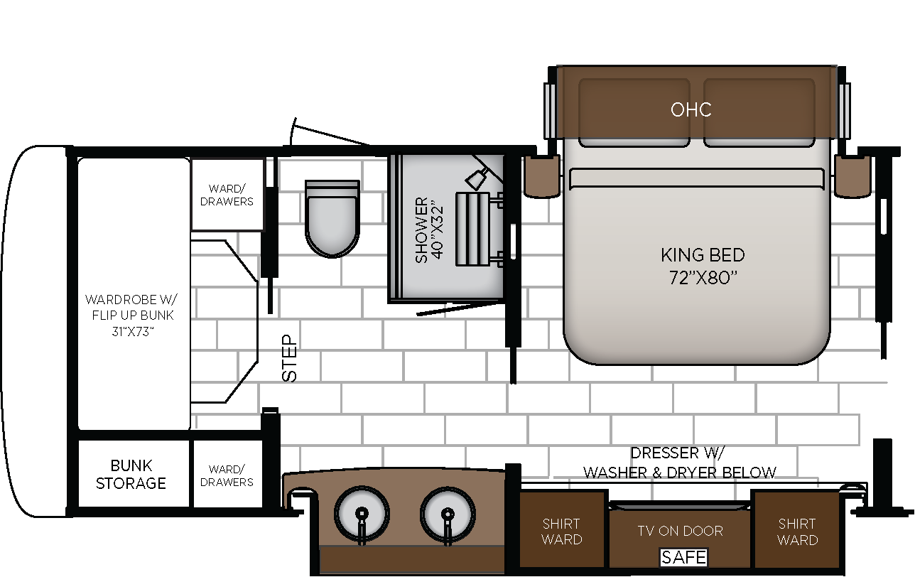 Bunk Beds in Rear, Replaces Wardrobe; Washer and Dryer Moves to Dresser Base and Retractable Bed Base