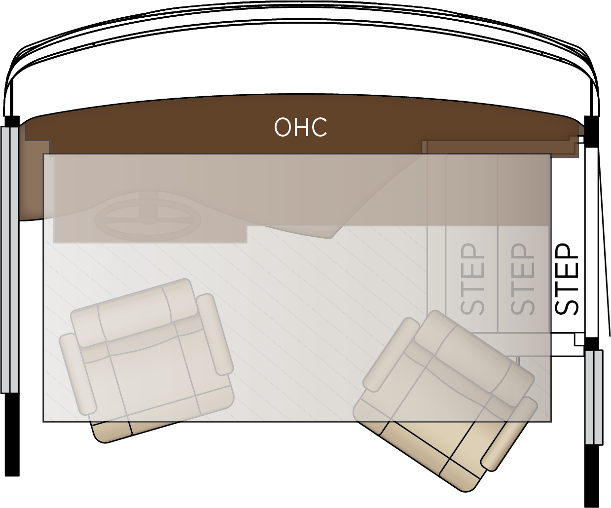 Drop-Down Bunk Bed Over Driver and Passenger Seats Extends to Windshield with Bunk Ladder and Overhead Cabinet