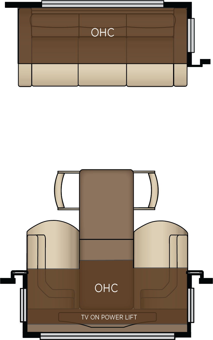 74" Jackknife Sofa Replaces Hide-A-Bed Sofa on Off-Door Side, Euro Booth Dinette on Door Side