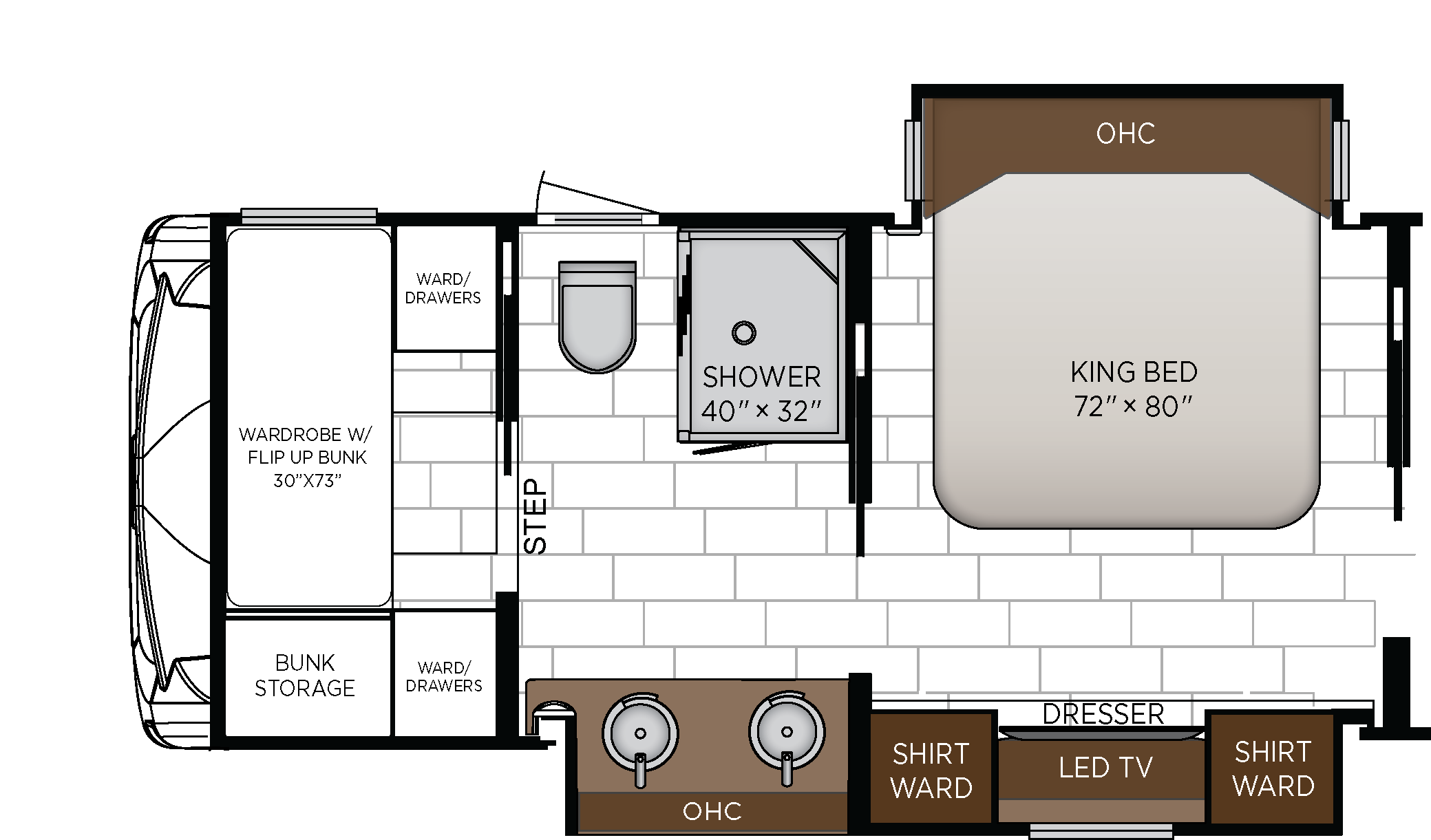 Bunk Beds in Rear, Replaces Wardrobe; Washer and Dryer Moves to Dresser Base and Retractable Bed Base