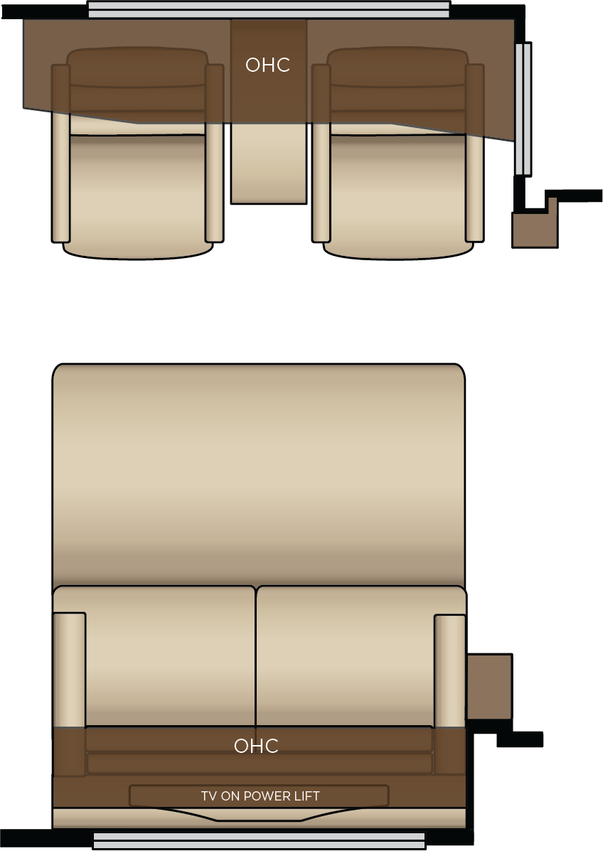 Two Recliners with Reading Lights and Lampstand on Off-Door Side, Trifold Sofa on Door Side (One Large Window) (Floor Plans 4037 & 4369)