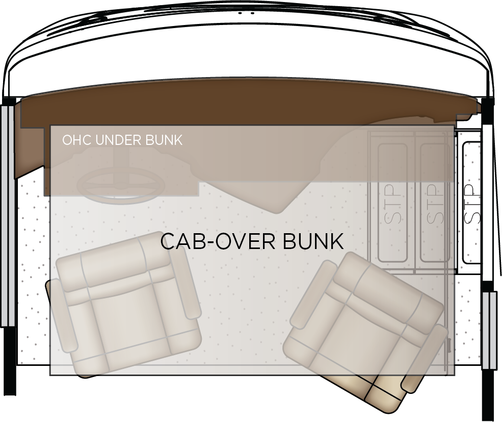 Drop-Down Bunk Bed Over Driver and Passenger Seats Extends to Windshield with Bunk Ladder and Overhead Cabinet